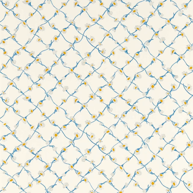 Pearl wallpaper with lapis-blue vines, white daisies and yellow centres