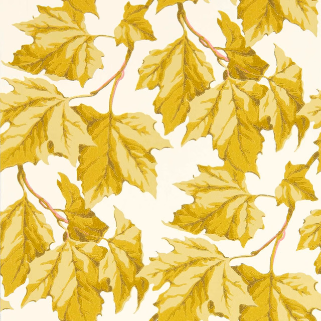 Citrine and ochre leafy branches on an ivory botanical wallpaper ground