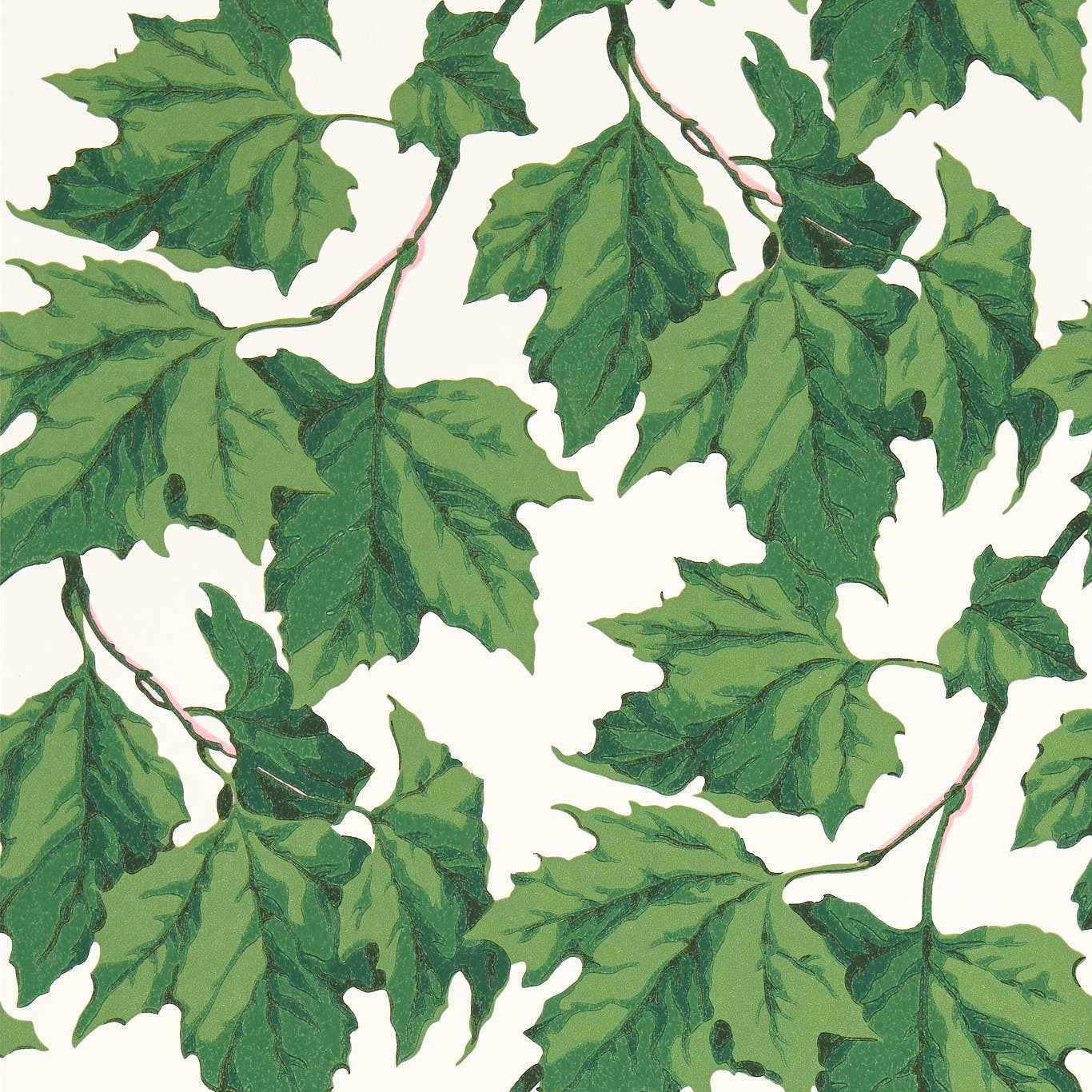 Emerald and leafy green botanical leaves with brown stems on an ivory ground