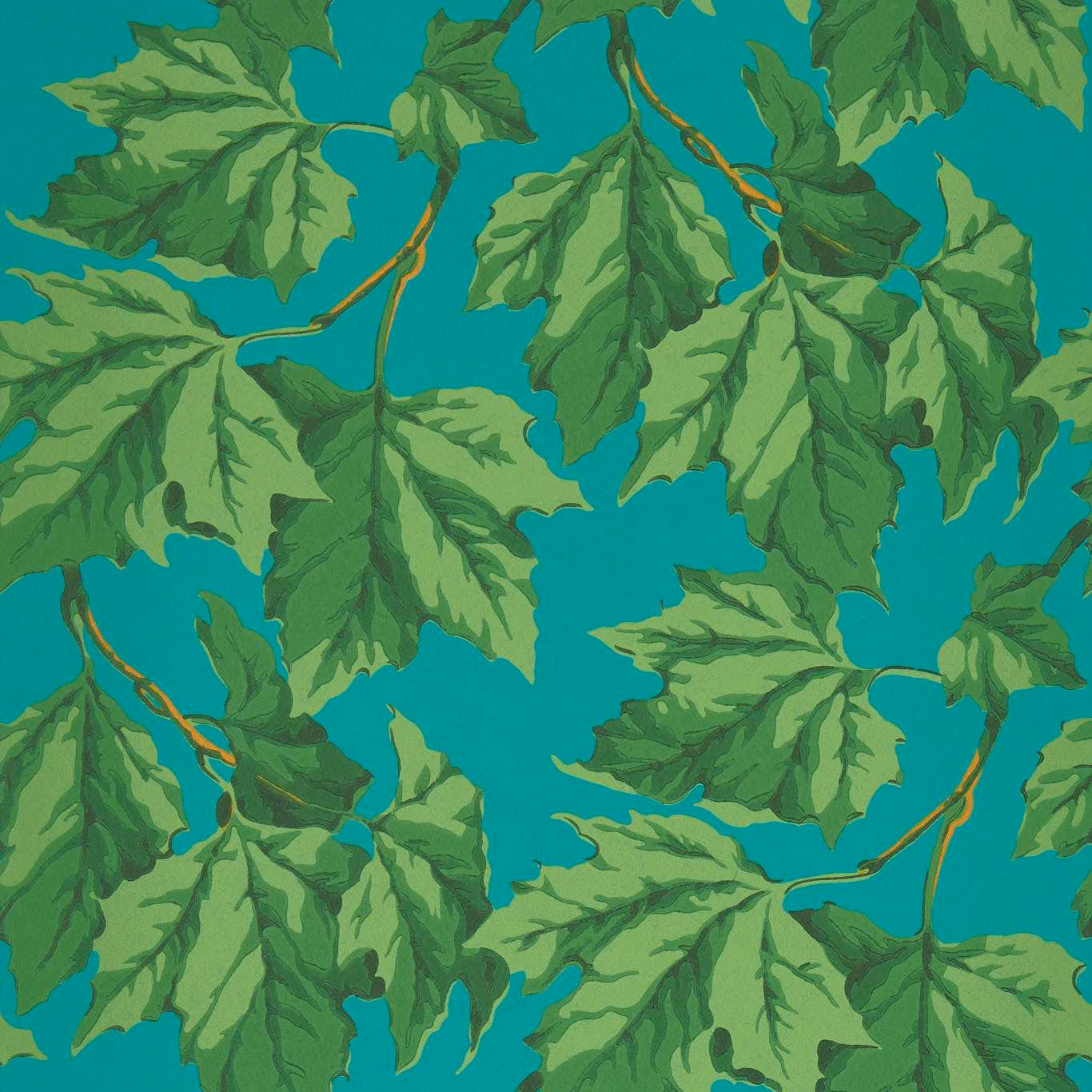 Saturated teal wallpaper with layered lime and forest-green leaves and dark stems