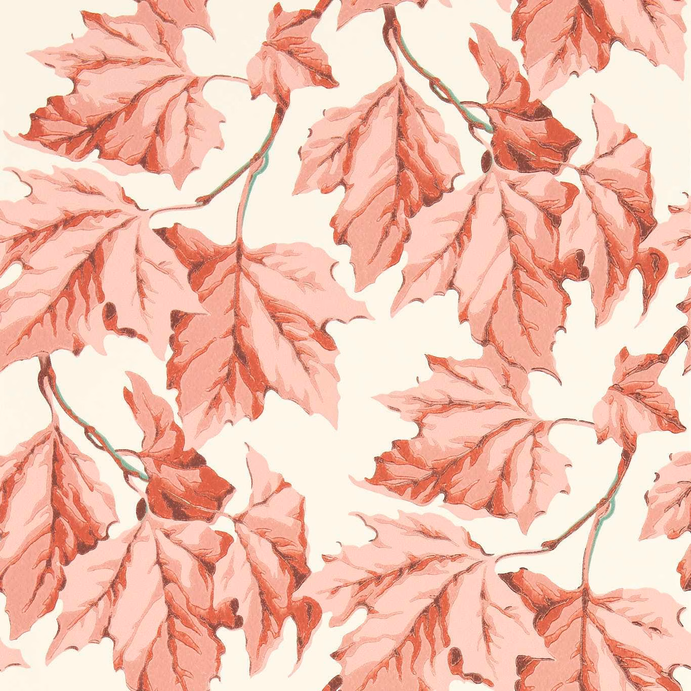 Painterly coral-pink leaves with muted green stems on a warm cream ground