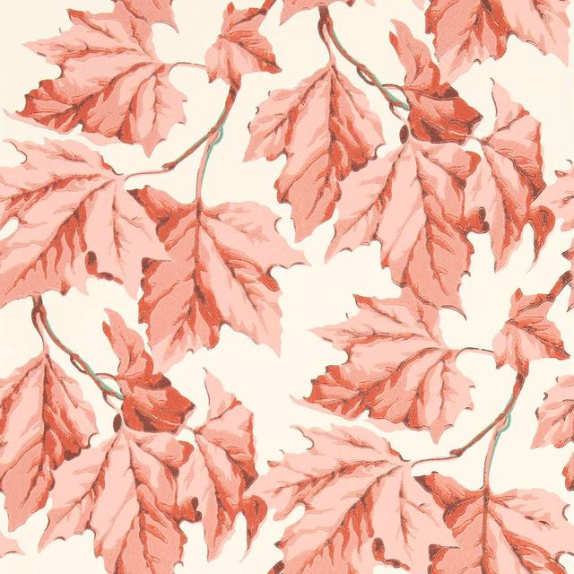Painterly coral-pink leaves with muted green stems on a warm cream ground