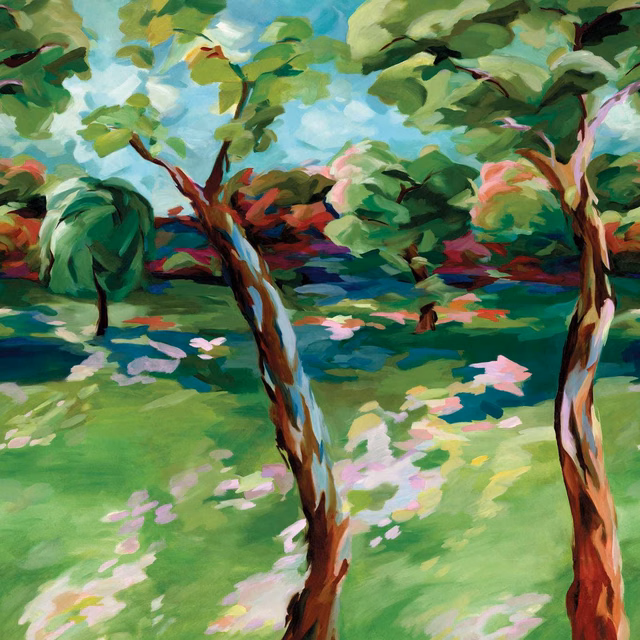 Painterly woodland wallpaper in turquoise sky, emerald foliage and carnelian tree trunks