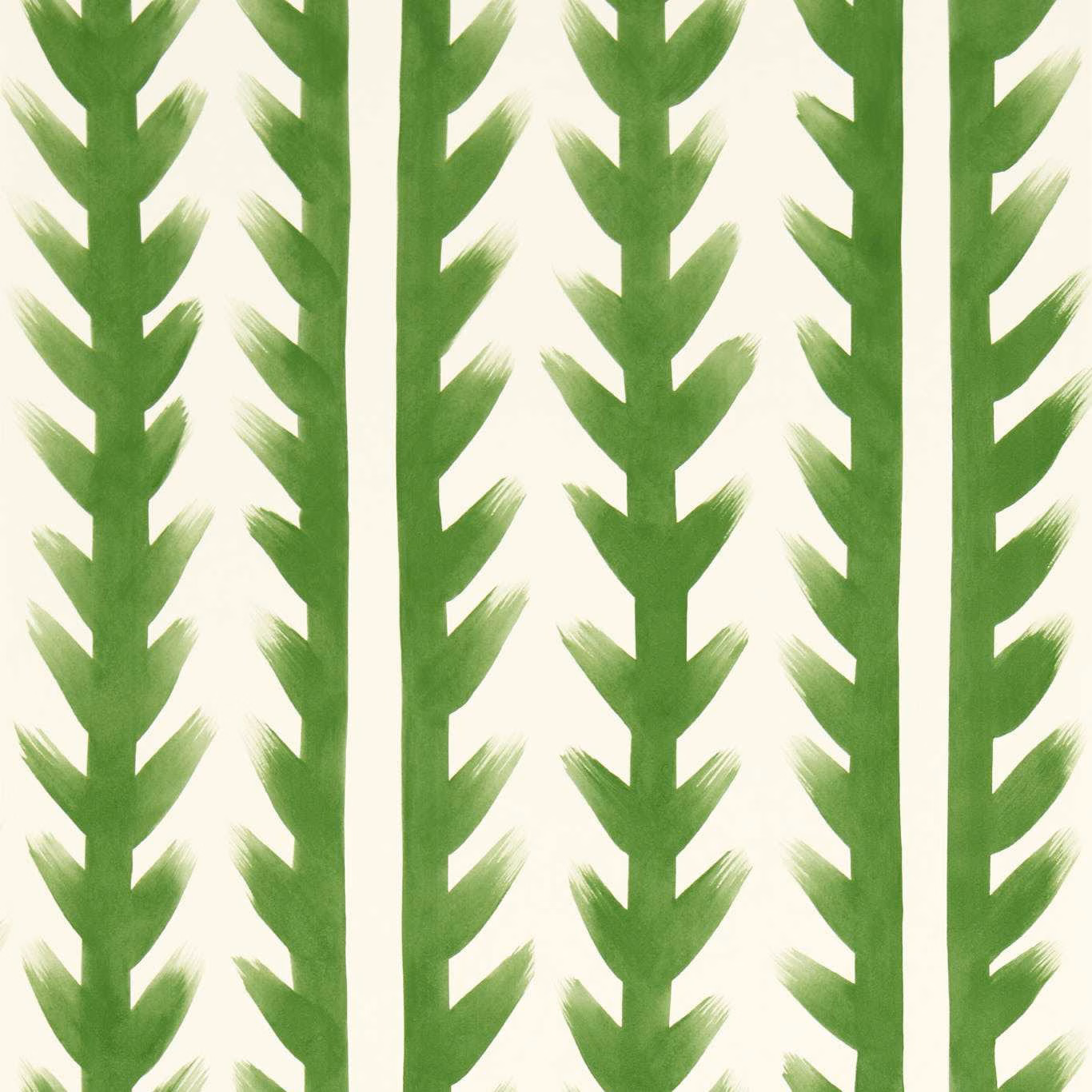 Emerald green forked leaf columns brushed across a warm cream wallpaper ground
