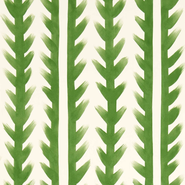 Emerald green forked leaf columns brushed across a warm cream wallpaper ground