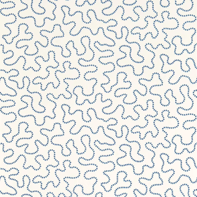 Cool lapis-blue dotted squiggles scattered across a pale wallpaper ground