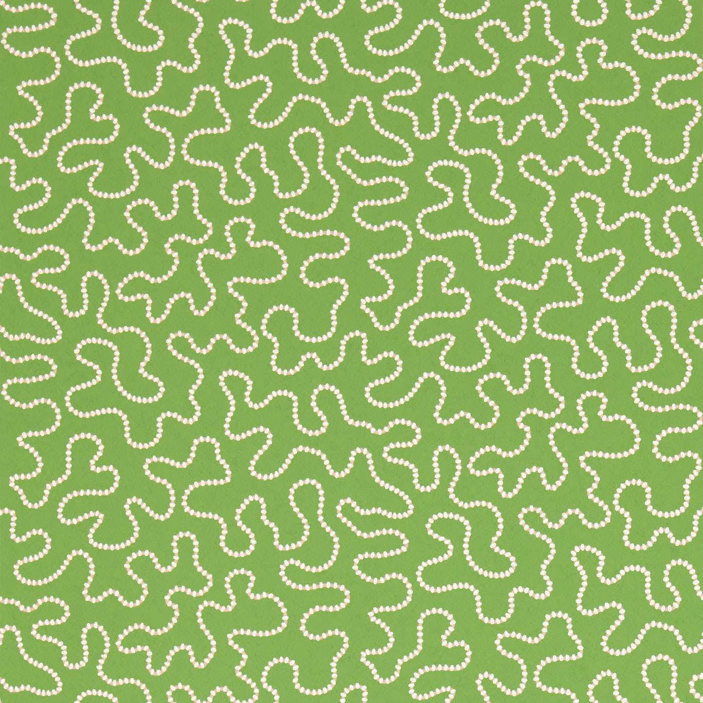 Peridot green wallpaper with ivory dotted organic squiggles in a dense repeating pattern