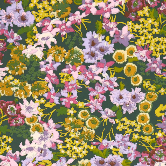 Dense emerald floral wallpaper with lilac, pink, yellow and white blossoms