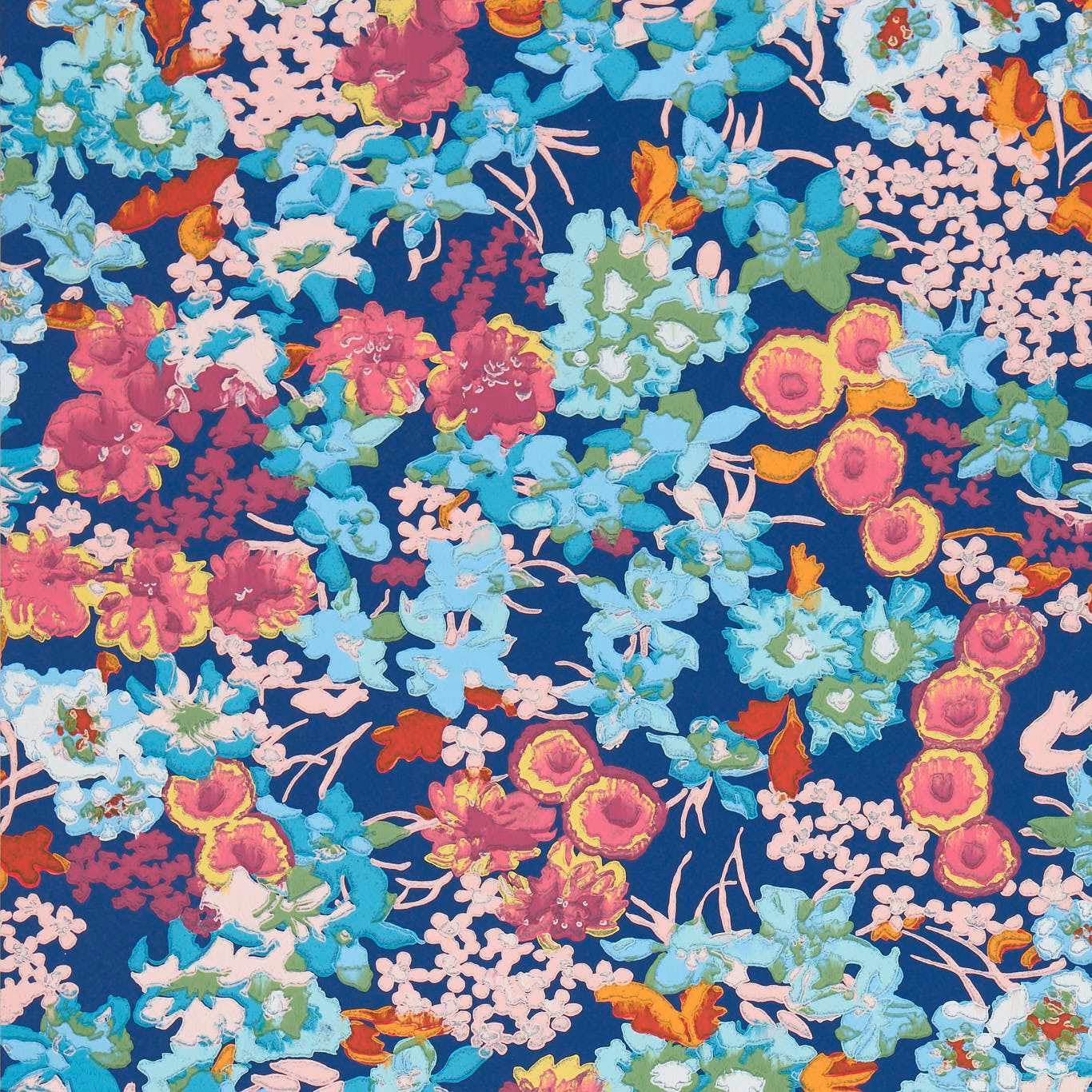 Dense floral wallpaper in deep lapis blue with aqua, coral and pink blooms