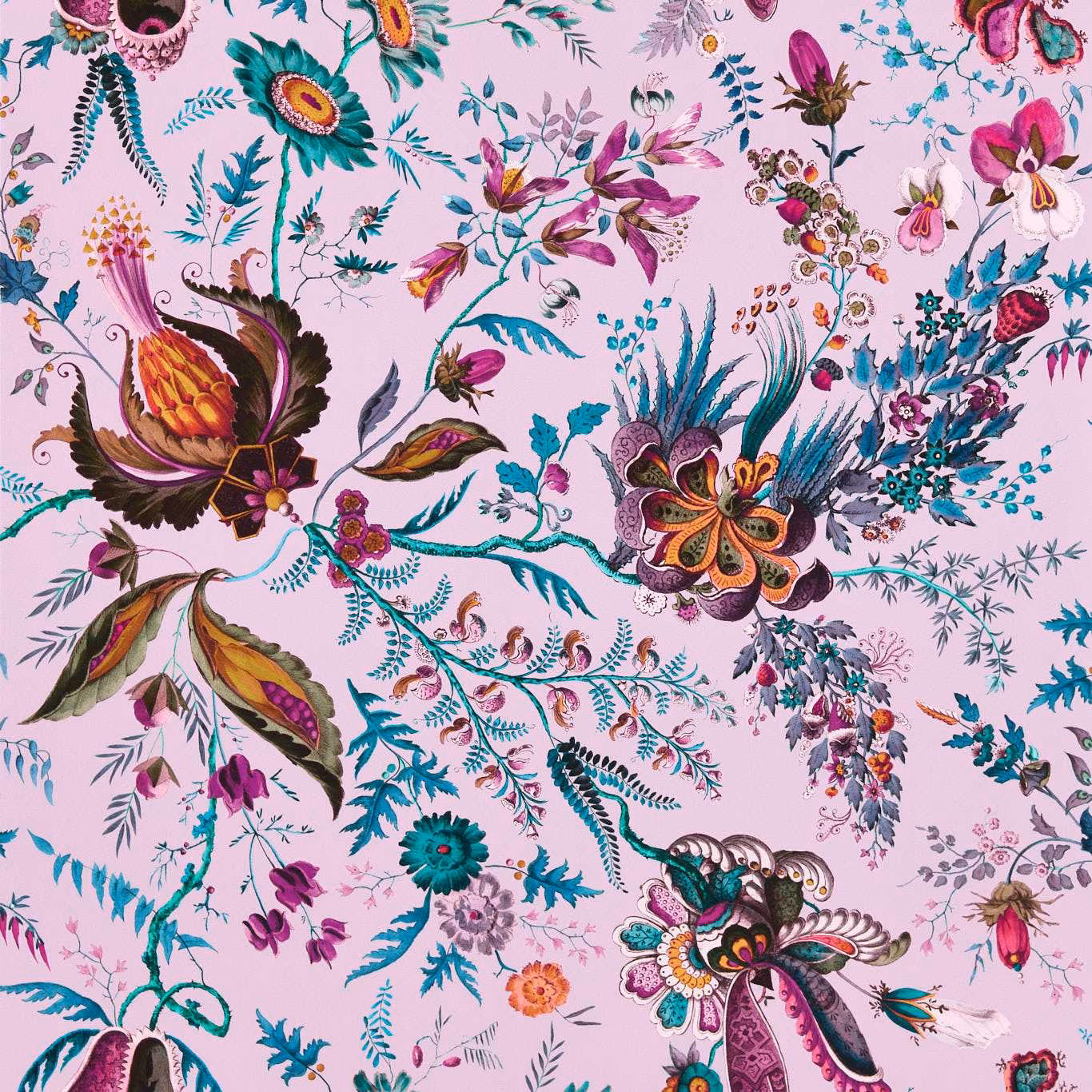 Amethyst, lapis and ruby botanical blooms on a pale lilac wallpaper ground