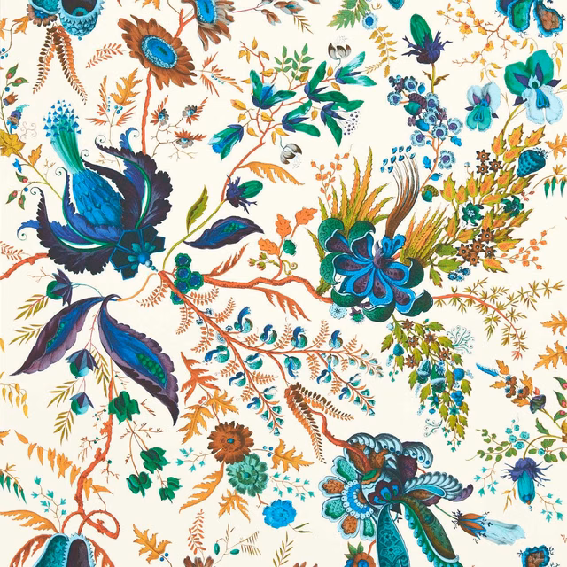 Cream-ground wallpaper with lapis blooms, emerald leaves and carnelian botanical accents