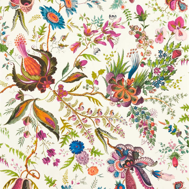 Pearl-cream wallpaper with oversized coral, magenta, teal and blue botanical flowers
