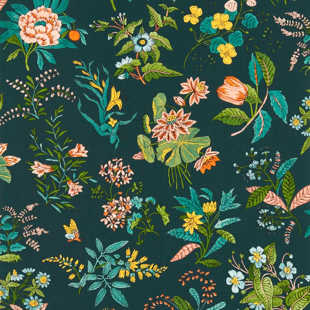 Deep jade wallpaper with rose, yellow and turquoise scattered botanical blooms