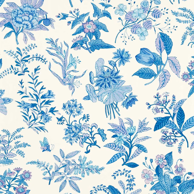 Pearl wallpaper with lapis blue and amethyst flowers, leaves and delicate botanical sprigs