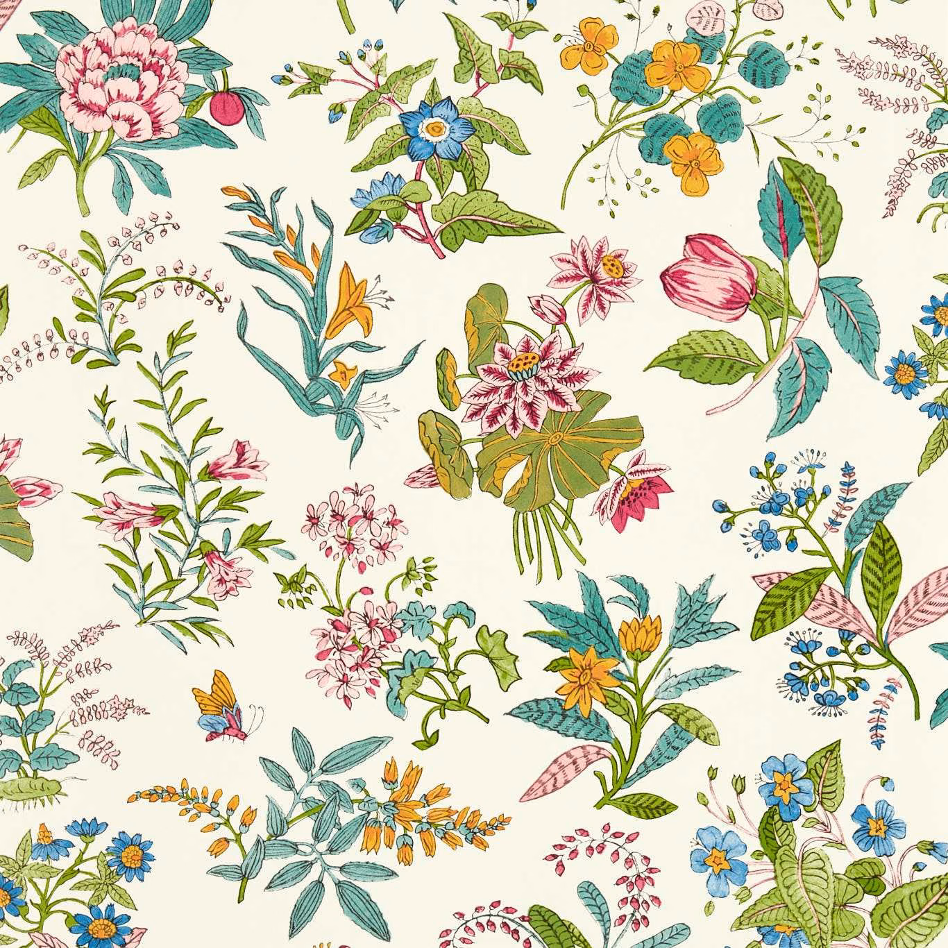 Pearl wallpaper with peridot leaves, ruby flowers and teal botanical sprigs