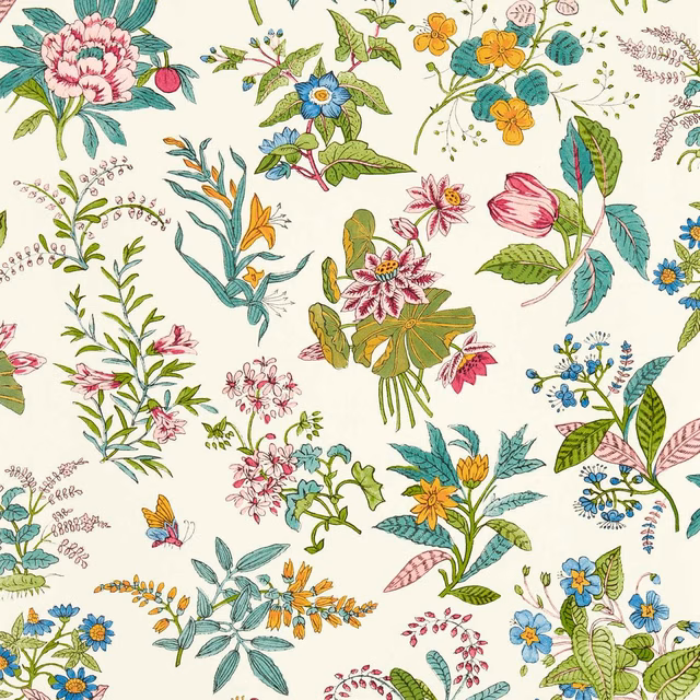 Pearl wallpaper with peridot leaves, ruby flowers and teal botanical sprigs