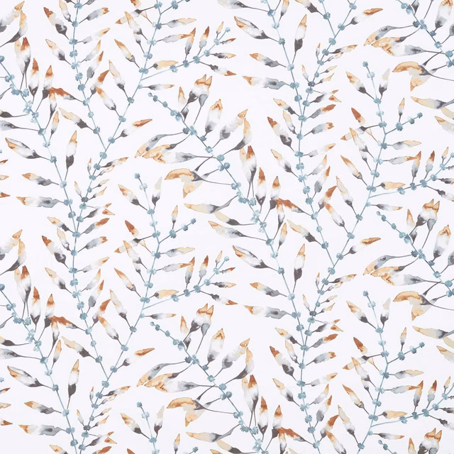 Ivory botanical fabric with slate branches and scattered amber leaves
