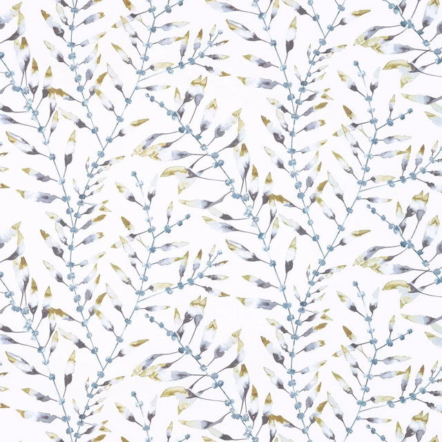 White botanical fabric with blue-grey branches and muted linden leaves