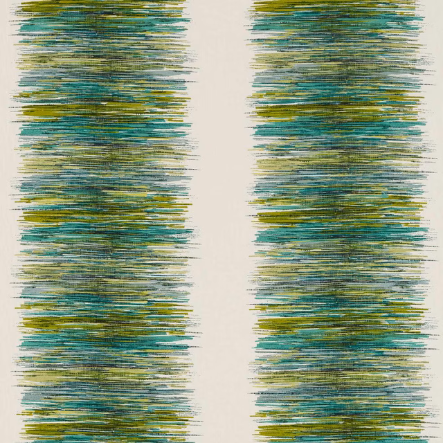 Emerald, teal and lichen horizontal striations over a warm ivory ground