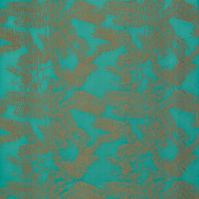 Emerald teal fabric with layered dark olive fern fronds and a finely textured surface