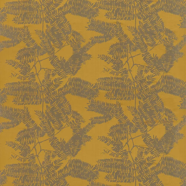 Saffron mustard woven fabric with charcoal fern fronds and branching botanical motifs