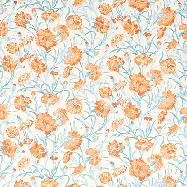 Paprika and peach flowers on curling aqua stems over a pale aqua fabric ground