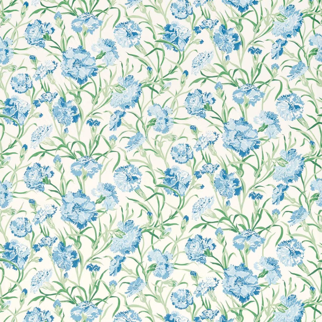 Sky-blue floral sprays and green curling stems on an ivory ground