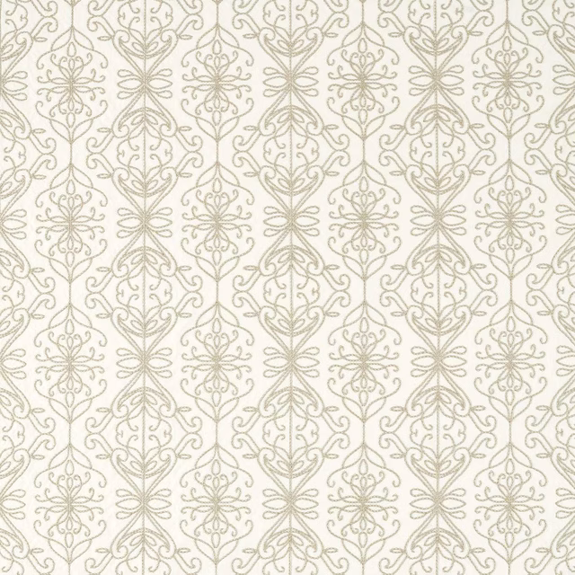 Pearl ground with muted taupe scrolling medallions in a vertical lattice repeat