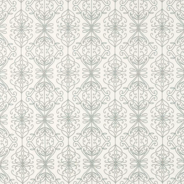 Pearl fabric with repeating sky-blue-grey damask medallions and curling botanical tracery