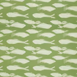 Soft pea-green fabric with rows of ivory, brush-painted fish motifs