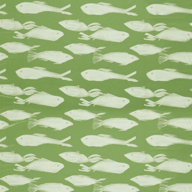 Soft pea-green fabric with rows of ivory, brush-painted fish motifs