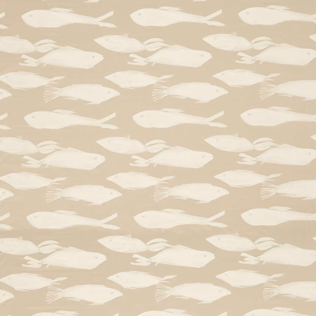 Cream fish pattern arranged across a warm taupe woven fabric ground