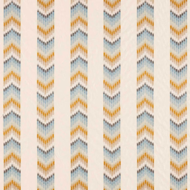 Gold and pale blue chevron columns woven across a cream textile