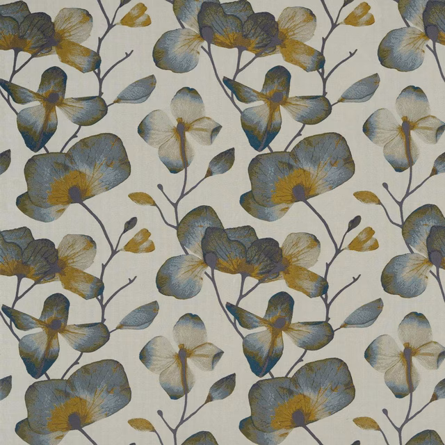 Blue-grey floral blooms with olive leaves and ochre centres on a warm ivory ground