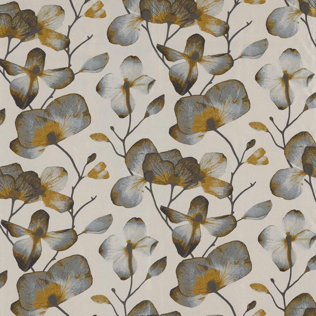 Ivory floral fabric with steel-grey blooms, ochre centres and charcoal stems
