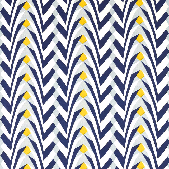 Ink navy fabric with cream pointed arches and honey-yellow diamond accents
