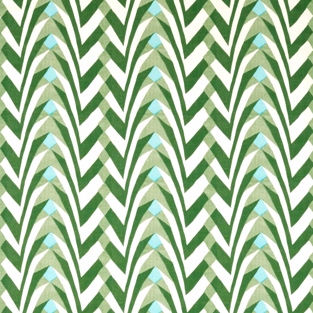Leafy Kelly green and aqua arches repeat across a pale cream fabric ground