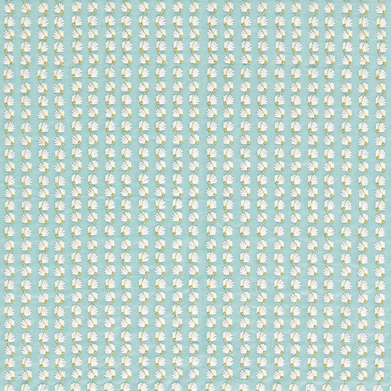 Pale aqua fabric with small cream fan motifs in vertical rows and forest-green accents