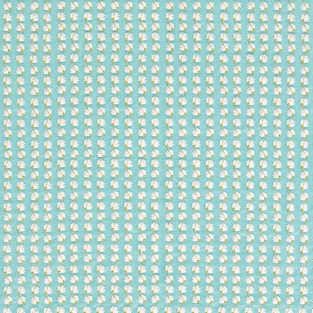 Pale aqua fabric with small cream fan motifs in vertical rows and forest-green accents