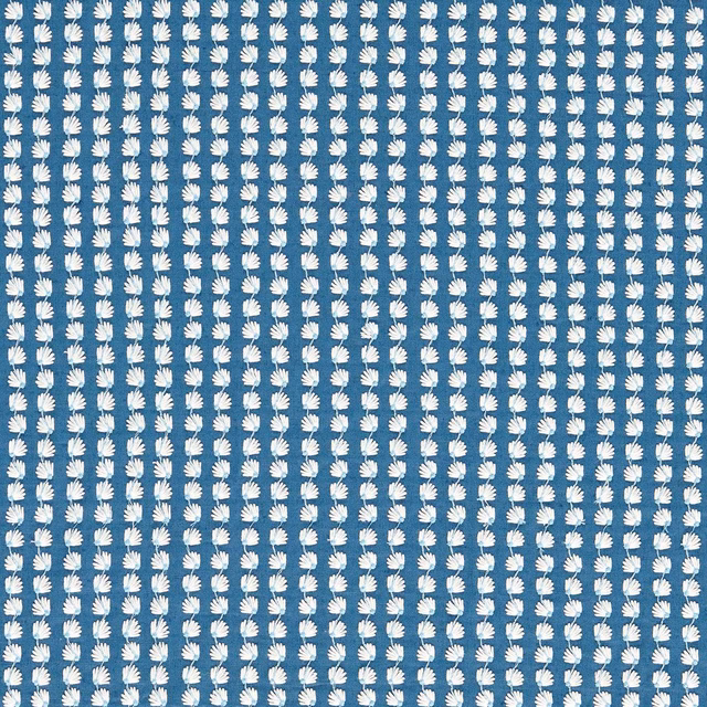 Denim-blue woven fabric with repeated white fan-shaped leaf motifs in vertical rows