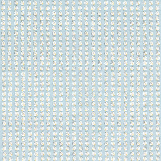 Pale sky-blue fabric with tiny white and honey fan-like floral motifs