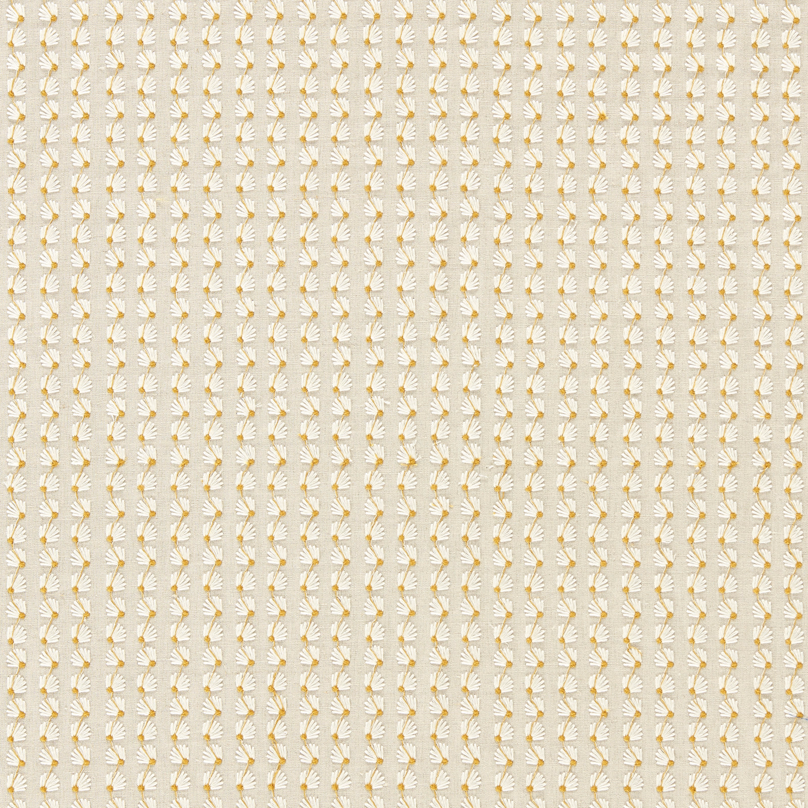 Warm taupe fabric with vertical cream botanical rows and small ochre accents