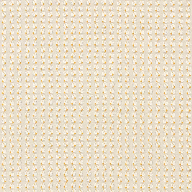 Warm taupe fabric with vertical cream botanical rows and small ochre accents