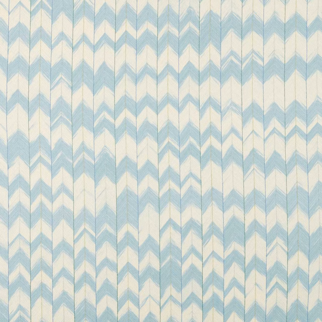 Pale sky-blue and cream vertical chevrons with a softly textured woven surface