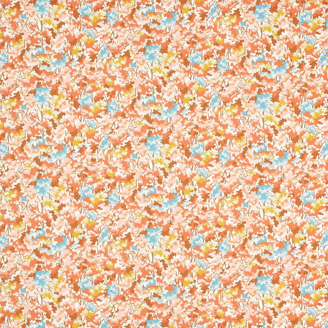 Dense terracotta botanical scatter with pale blue, honey and cream highlights