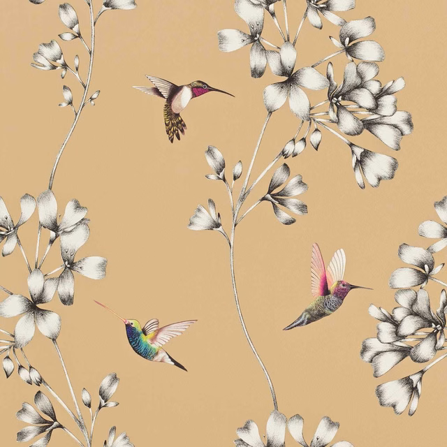 Warm bronze wallpaper with ivory blossoms and jewel-toned hummingbirds