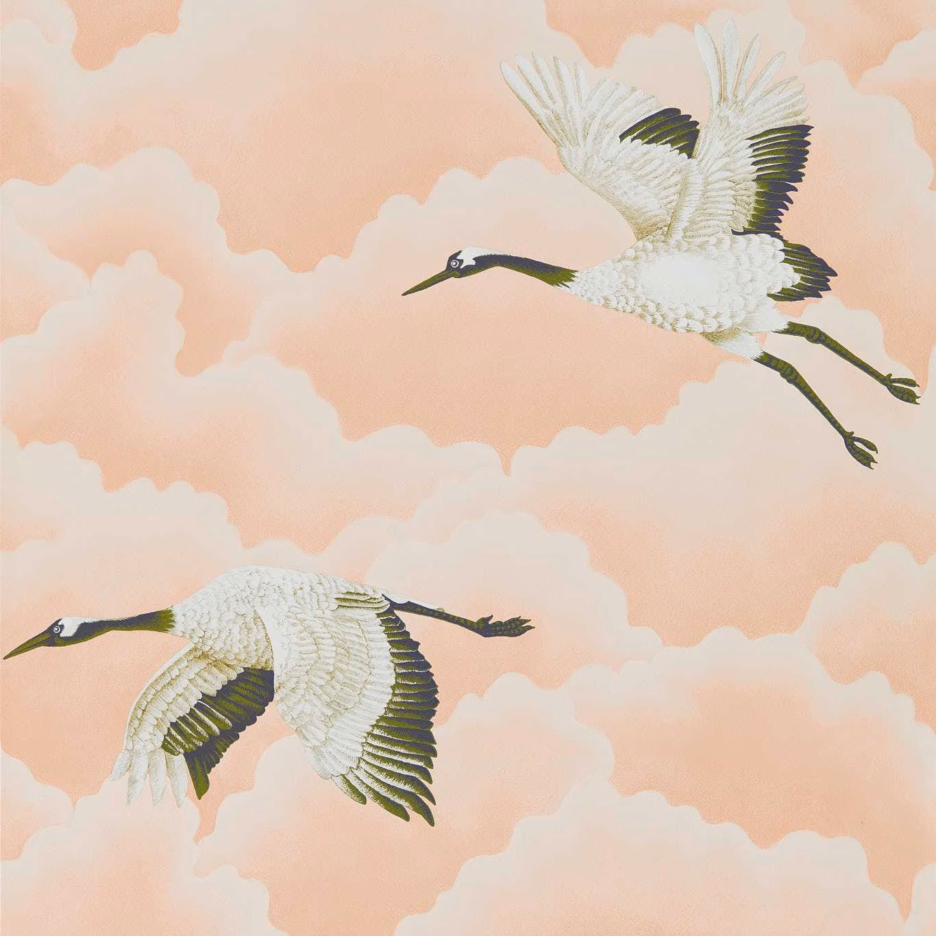 Blush pink wallpaper with white cranes, dark wing markings and peach cloud forms