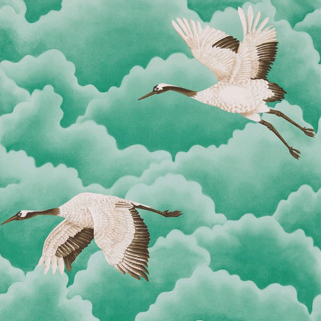 Emerald cloudscape wallpaper with two white cranes, dark feather detail, and lifted wings