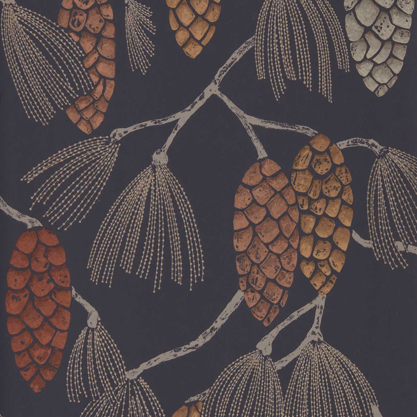 Charcoal wallpaper with copper and stone pine cones and dotted foliage