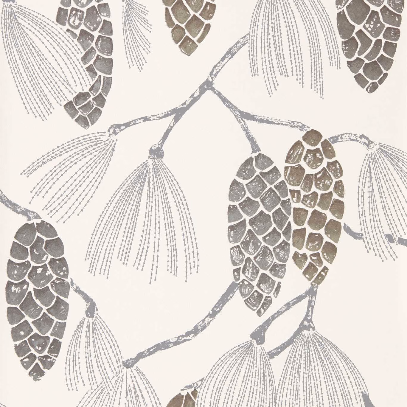 Chalk wallpaper with silvery-grey pine cones, branches and fine hanging needle sprays